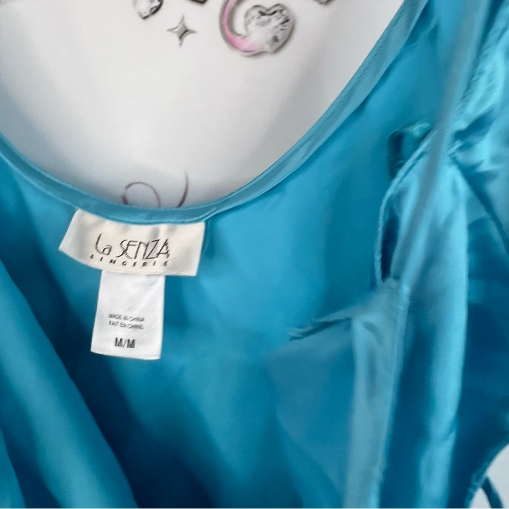 La SENZA dress lace up corset sides rhinestones shiny Turquoise Satin Chemise - Picture 7 of 8